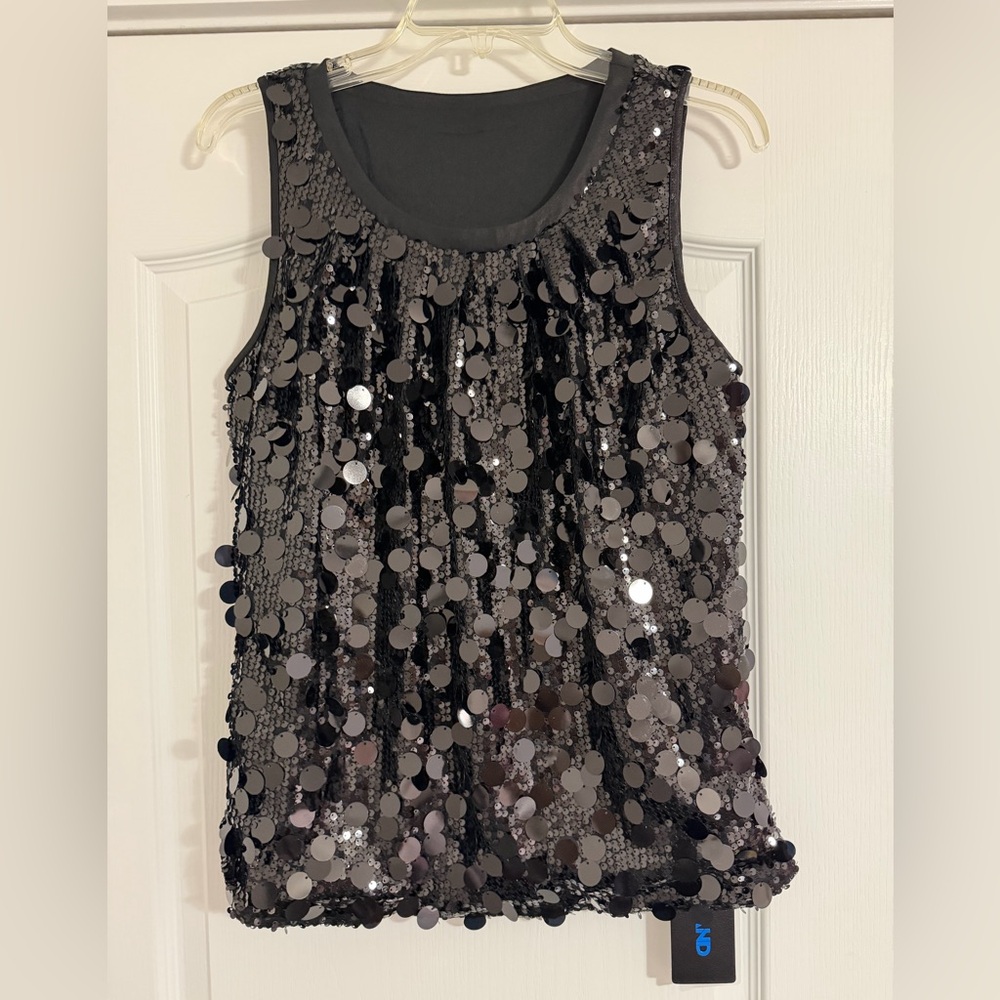 Black Sequin Stylish Tank Top with Disc Embellishments Sleeveless - Women Size L